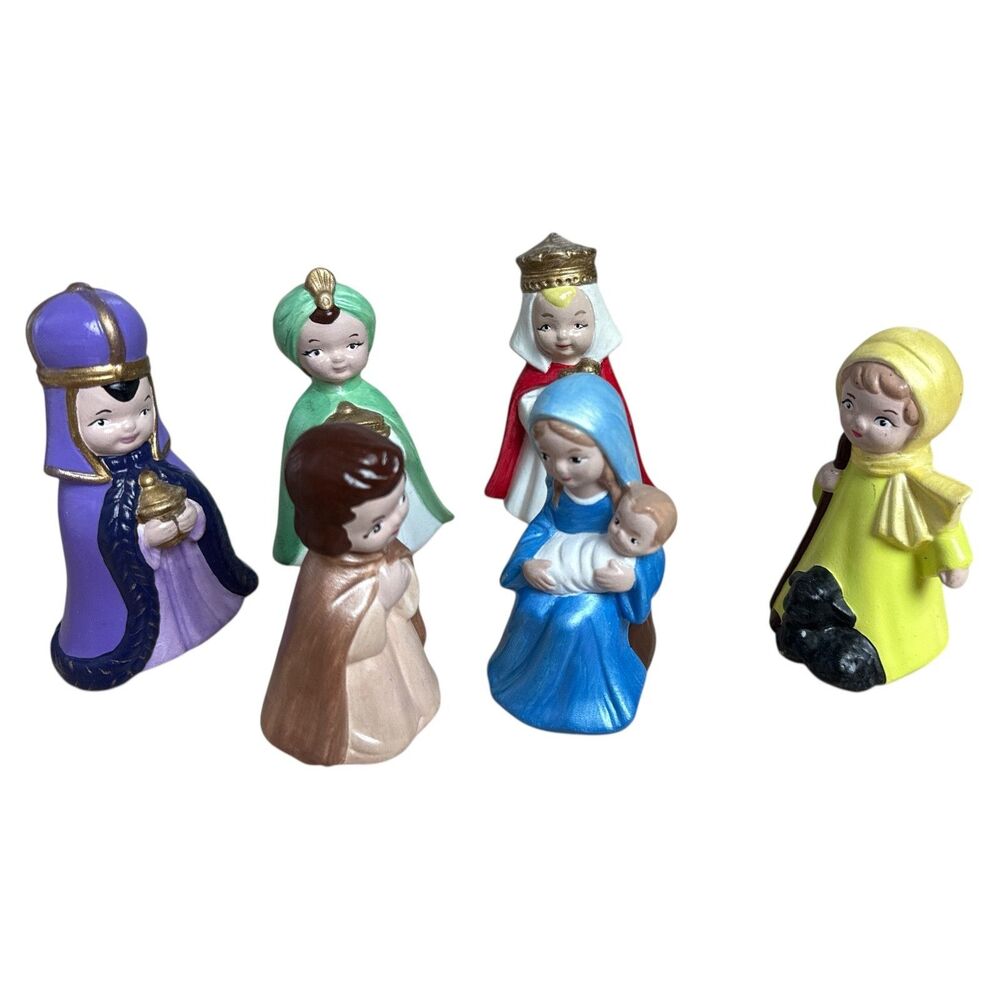 Handmade Ceramic Nativity Set 6pc Hand Painted Figures Vintage Christmas Decor